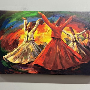 May include: A painting depicting four figures in colorful clothing, with swirling patterns in the background. The figures are in mid-air, with their arms raised, suggesting a whirling dance. The painting is done in a vibrant style, with bold colors and brushstrokes.