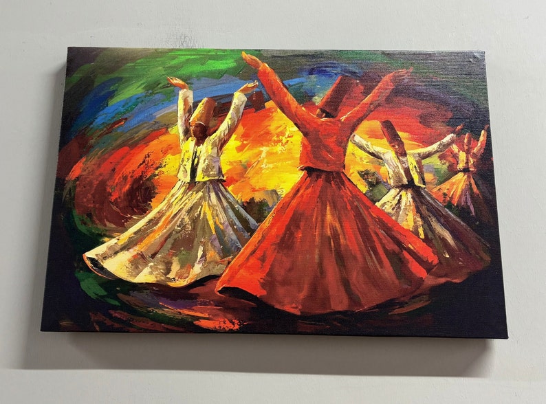 May include: A painting depicting four figures in colorful clothing, with swirling patterns in the background. The figures are in mid-air, with their arms raised, suggesting a whirling dance. The painting is done in a vibrant style, with bold colors and brushstrokes.