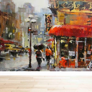 Carta da parati luminosa, Arte della parete del caffè, Carta da parati personalizzata, Carta da parati 3D, Pittura murale di un giorno di pioggia, Carta da parati con paesaggio urbano, Carta da parati stradale,