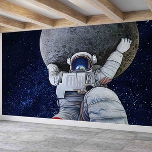 Luna e astronauta, Carta da parati con galassia, Carta da parati artisticaCarta da parati luminosa, Carta da parati moderna, Pittura murale con paesaggio spaziale,