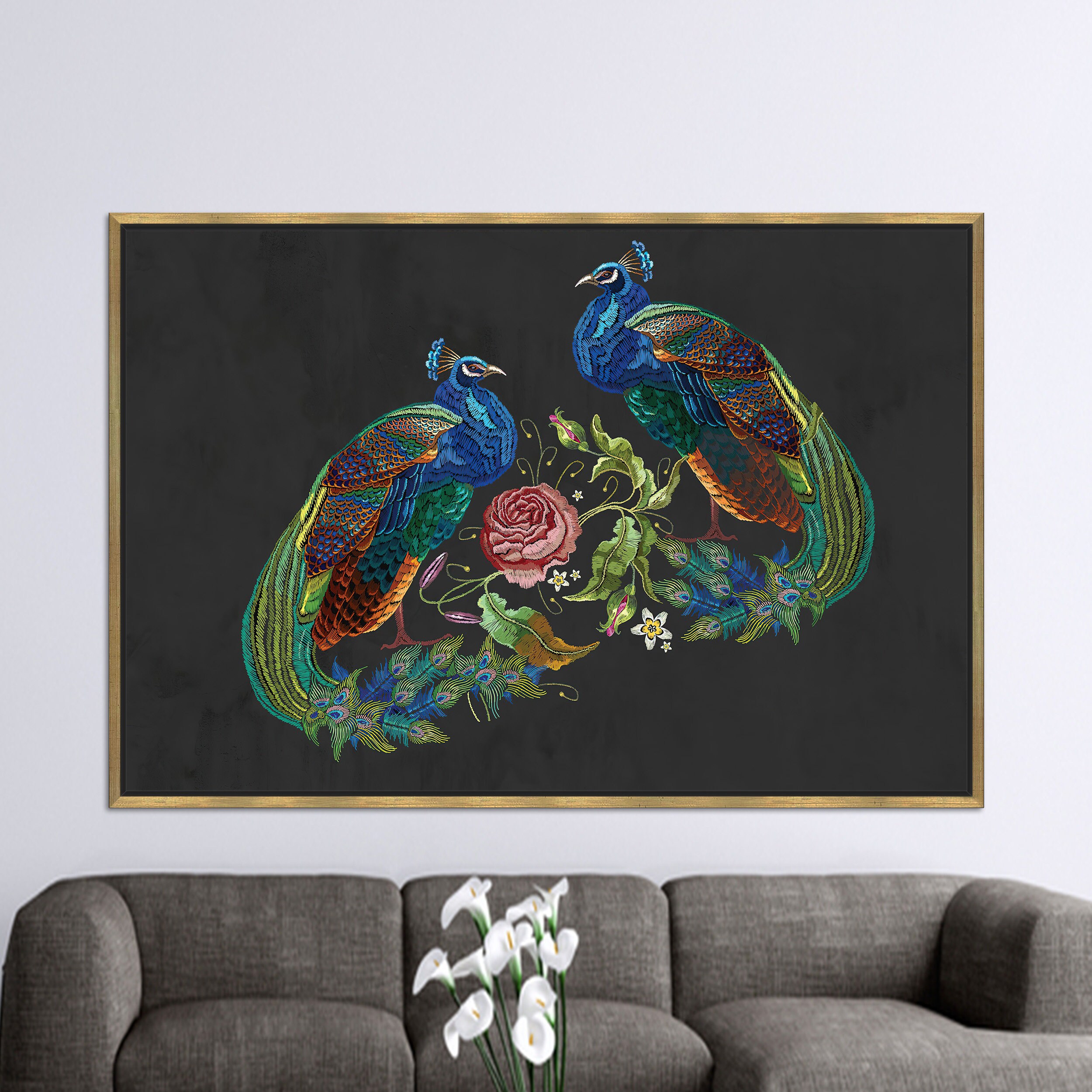 刺繍の孔雀のキャンバスプリント：モダンな抽象画の壁アート - Etsy 日本
