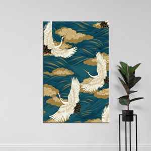 Tela, Tela artistica da parete, Decorazione murale contemporanea, Arte murale 3D, Poster di uccelli astratti, Uccelli gru d'arte giapponese, Arte murale con animali,