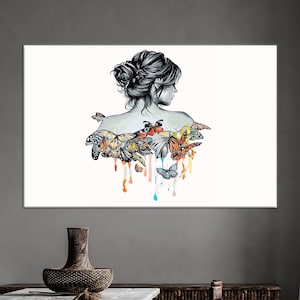 Wohnzimmer Wandkunst, Wandkunst, Große Leinwand, Mädchen Und Schmetterlinge Zeichnung, Moderne Leinwand Poster, Abstrakt Gedruckt, Schmetterling Leinwand Geschenk,