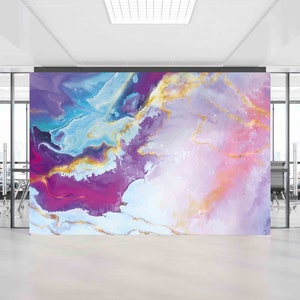 Póster de pared de mármol, arte de pared de papel, papel de pared brillante, pelar y pegar papel de pared, mural de pared de mármol púrpura, mural dorado,