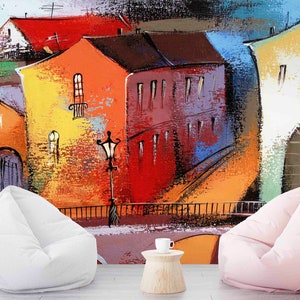 Bunte Stadt Wandkunst, Abstrakte Stadt Tapete, Modernes Wandbild, Modernes Kunstwerk, Geschenk für Zuhause, Selbstklebendes Papier, Café-Wanddekor,