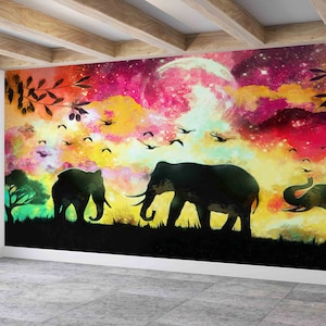 Moderne Wand-Papier, Papier Wand Kunst, Helle Wand-Papier, Vollmond Wandbild, drei Elefanten Wandbild, Abstrakte Tapete,