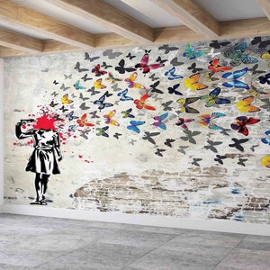 Carta da parati 3D, Poster da parete con colpo di testa di Banksy, Carta da parati personalizzata, Carta da parati moderna, Murale con graffiti con farfalla, Arte da parete con ragazza Banksy,