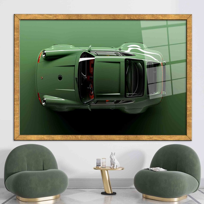 3D Effect Car Glass Wall Art: Modern Garage Decor Gold Framed