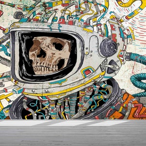 Carta da parati stacca e incolla, Arte da parete con carta Poster da parete con teschio, Carta da parati personalizzata, Poster da parete con teschio di astronauta,