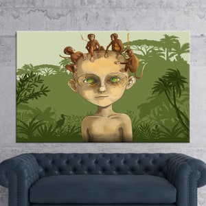 Impresión de lienzo, arte de pared, regalo de lienzo, niño que vive en el bosque, decoración de lienzo de niño y monos, cartel de niño que vive en el bosque,