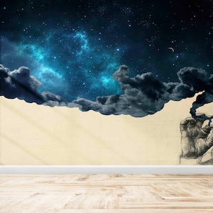 Murale del cielo stellato, carta da parati moderna, arte della parete in carta Carta da parati staccabile e incolla, carta da parati astratta, murale di Smoking Out in Space,