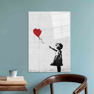 Street Tempered Glass, Glass Wall Art, Banksy Red Balloon Tempered Glass Large Glass Wall Art, Glass, Graffiti Glass Printing,