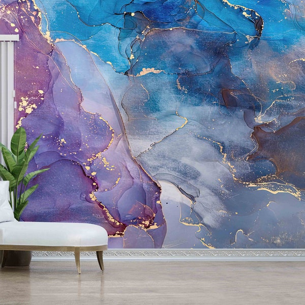 Purple and Blue Marble Wallpaper: Shimmery Wall Mural, Peel and Stick