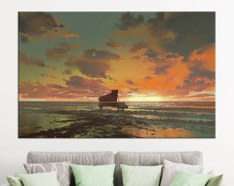 Canvas, Canvas Art, 3D Canvas, Piano On The Beach, Piano Wall Art, Sea Landscape Canvas Print, Beach Canvas Art,