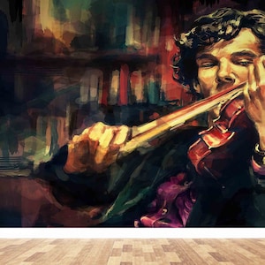 Stampa su pittura a olio, Carta da parati personalizzata, Carta da parati per violino, Carta da parati con uomo, Carta da parati moderna, Carta da parati 3D, Murale musicale,