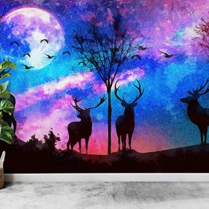 Tapete zum Abziehen und Aufkleben,Wald Tapete,Nacht Wandbild,Wald Tapete,Nacht Wandbild,Wandbild zum Abziehen und Aufkleben