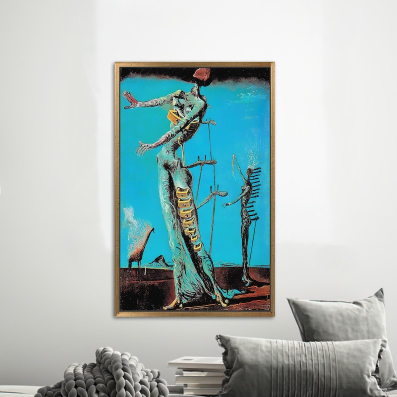 Impresión en lienzo de Salvador Dalí: La jirafa en llamas, famosa obra de arte mural Gold Framed