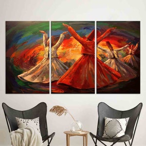 Whirling Dervish Oil Painting Print: Large Canvas Wall Art 3P: Ready to Hang