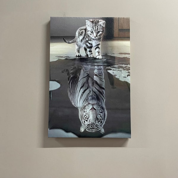 Leinwand Geschenk, Leinwand Wandkunst, Kunst Leinwand, Tiger Spiegelung Katze, Motivation 3D Leinwand, Tiger gedruckt, kleine Kätzchen Katze 3D Leinwand,