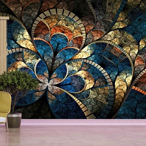 Fractal Wallpaper: Abstract Gold Mural, Custom Wall Decor