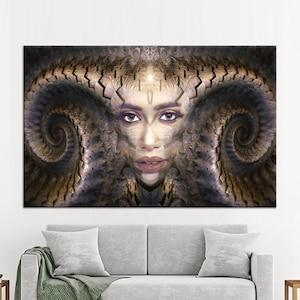 Wall Decor, Canvas Art, Canvas Decor, Supernatural Woman Printed, Fractal Woman Art, Girl with Horns Canvas Decor,