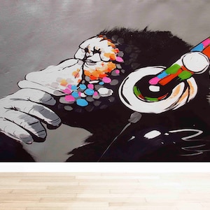 Wandbild Schimpanse, modernes Tapetenpapier, Graffiti Affen Wandbild, Wandbild schälen und kleben, Musik Wandbild,