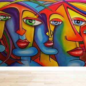 Abstrakte Gesichter Tapete - Moderne Bunte Gesichter - 3D Wanddeko