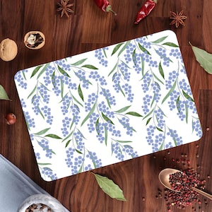 Green Leaves Cutting Board, Blue Floral Cutting Board, Floral Chopping Board, Gift for Mom, Floral Serving Board, Glass Chopping Board,