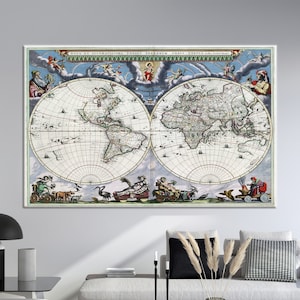 Tela artistica da parete, grande arte da parete, stampa su tela, grande mappa del mondo da parete, decorazione da parete per la scuola, decorazione da parete con mappa del vecchio mondo, regalo su tela per l'aula,