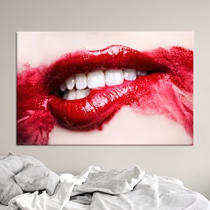 Living Room Wall Art, Wall Art, Canvas, Red Lip Poster, Red Lipstick Canvas Print, Biting Lips Wall Art, Sensual Canvas Print,
