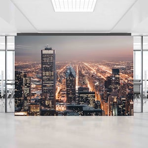 Arte della parete in cartaCarta da parati luminosa,Carta da parati personalizzata,Vista notturna del poster da parete di Chicago,Carta da parati con paesaggio urbano,Carta da parati con paesaggio,