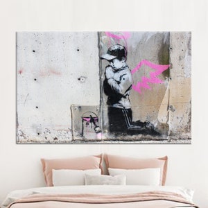 Decoración de lienzo, lienzo grande, arte de lienzo, lienzo de arte de alas rosas de Banksy, cartel de ángel de Banksy, niño de Banksy impreso, arte de niño ángel,