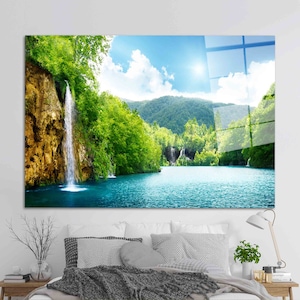 Waterfall Forest Tempered Glass Wall Art: Nature View Decor