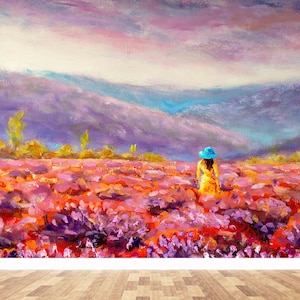 Woman in Flower Field Painting Wallpaper - Abstract Wall Mural