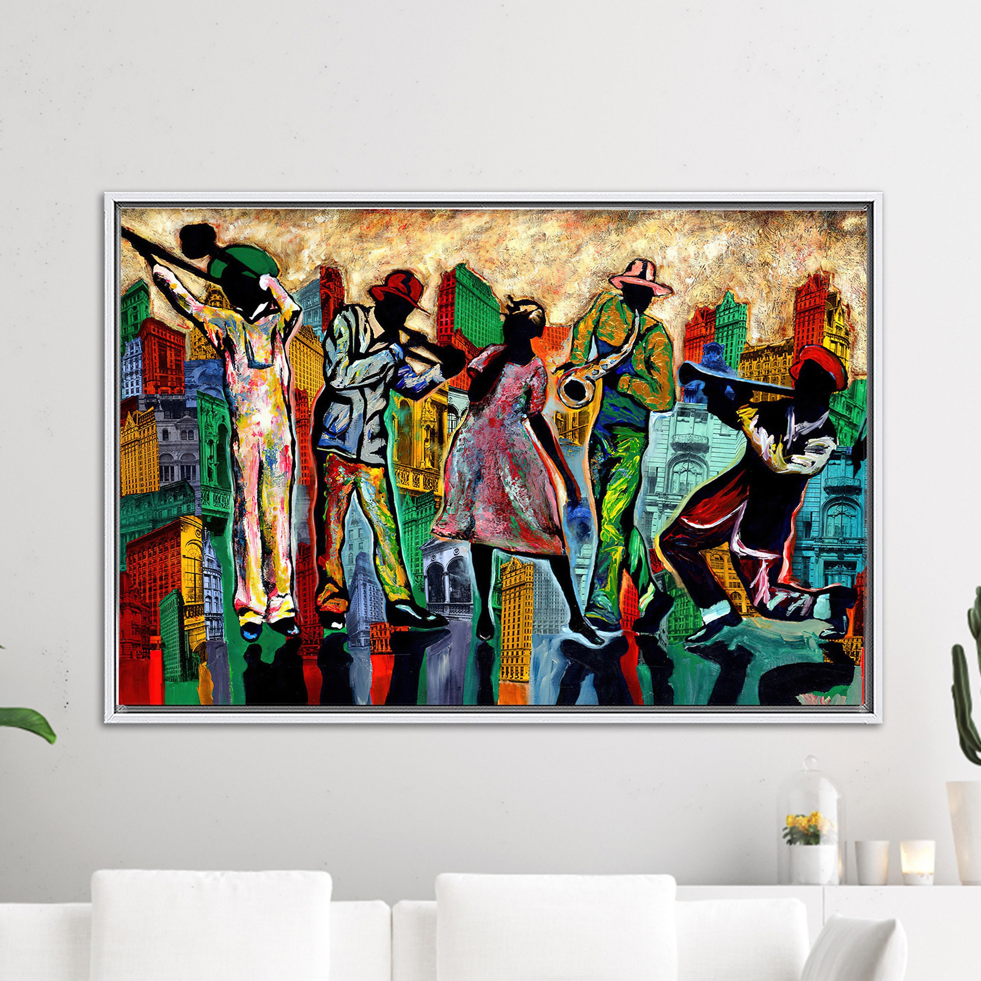 Abstract Jazz Music Canvas Print: Colorful Cityscape Wall