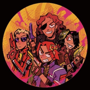 Può includere: Illustrazione circolare con un gruppo di personaggi stilizzati, ognuno con una pistola. I personaggi sono raffigurati con una varietà di abiti, con una tavolozza di colori rosso, giallo, viola e marrone. Lo sfondo è un mix di arancione e rosa.
