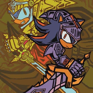 Op de afbeelding: Illustratie van een personage in ridderharnas, met een zwaard. Het personage is voornamelijk paars en oranje, met een helm en harnas. De achtergrond is bruin en goudkleurig.