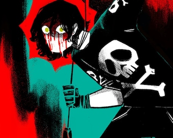 以下が含まれることがあります： 骸骨と交差した骨が描かれたシャツを着た人物の白黒のイラスト。人物はマイクを持っており、顔から血が滴り落ちている。背景は赤と緑である。