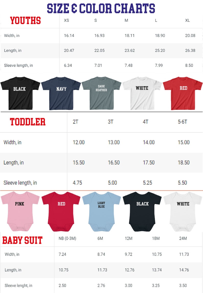 Peut inclure: Tableau des tailles et des couleurs pour les v&ecirc;tements pour enfants, tout-petits et b&eacute;b&eacute;s. Le tableau indique la largeur, la longueur et la longueur des manches en pouces pour diff&eacute;rentes tailles et couleurs. Les couleurs incluent le noir, le marine, le gris chin&eacute; fonc&eacute;, le blanc, le rouge, le rose, le bleu clair et le noir.