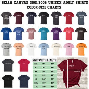 May include: Bella Canvas 3001/3005 unisex adult t-shirt size chart with color options. The chart shows the width and length measurements in inches for sizes XS to 3XL. The chart also shows a variety of t-shirt colors, including dark grey heather, maroon, navy, black, red, heather navy, true royal, heather true royal, heather mauve, aqua, team purple, heather red, brown, athletic heather, heather peach, white, light blue, natural, pink, and orange.