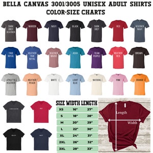 Peut inclure: Tableau des tailles pour t-shirts unisexes adultes Bella Canvas 3001/3005 avec &eacute;chantillons de couleurs. Le tableau montre les diff&eacute;rentes couleurs disponibles pour les t-shirts, notamment le gris chin&eacute; fonc&eacute;, le bordeaux, le marine, le noir, le rouge, le marine chin&eacute;, le bleu roi, le bleu roi chin&eacute;, le mauve chin&eacute;, l'aqua, le violet &eacute;quipe, le rouge chin&eacute;, le marron, le gris chin&eacute; athl&eacute;tique, la p&ecirc;che chin&eacute;e, le blanc, le bleu clair, le naturel, le rose et l'orange. Le tableau comprend &eacute;galement un tableau des tailles avec des mesures en pouces pour XS, S, M, L, XL, 2XL et 3XL.