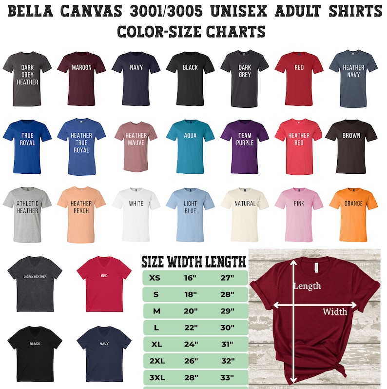 Puede incluir: Tabla de tallas para camisetas unisex para adultos Bella Canvas 3001/3005 con opciones de color. La tabla muestra las medidas de ancho y largo en pulgadas para las tallas XS a 3XL. La tabla tambi&eacute;n muestra una variedad de colores de camisetas, incluyendo gris oscuro jaspeado, granate, azul marino, negro, rojo, azul marino jaspeado, azul rey, azul rey jaspeado, malva jaspeado, aguamarina, morado equipo, rojo jaspeado, marr&oacute;n, gris jaspeado atl&eacute;tico, melocot&oacute;n jaspeado, blanco, azul claro, natural, rosa y naranja.