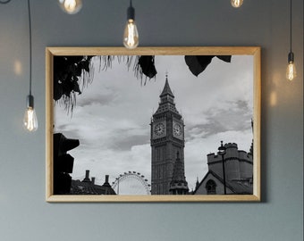 London Big Ben Print, London Wall Art Poster, Big Ben Tower, England UK Landmarks Architecture Photo black and white Art Digital download