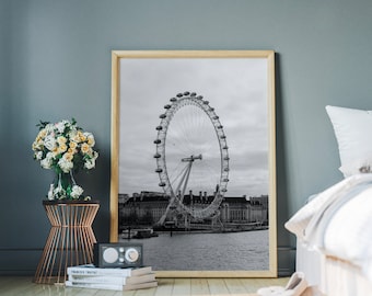 London Eye Photo Print, Digital Download, London Eye Print, London Art Architecture Print, Black and White, London Poster, Travel England