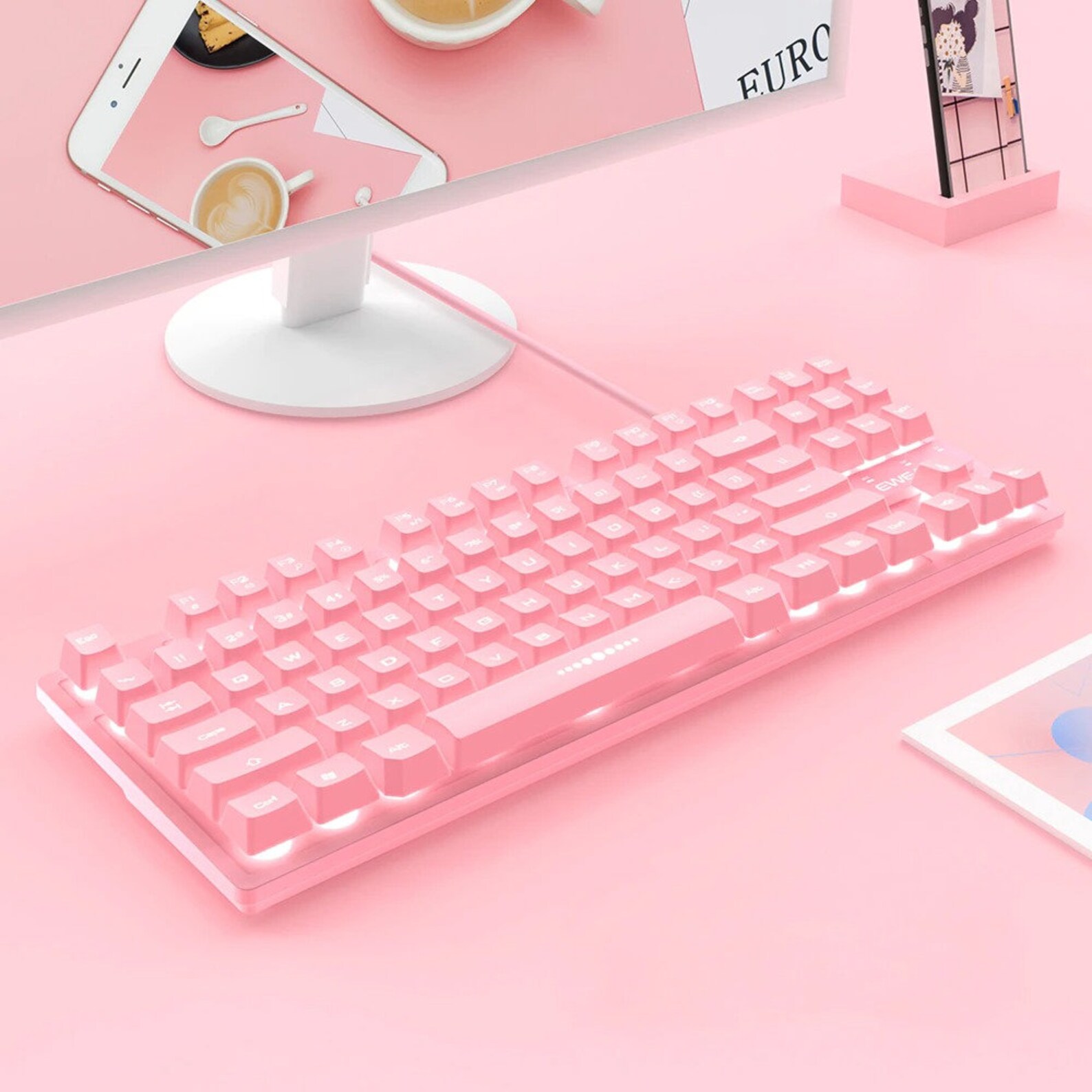Pink Wired Keyboard Mouse Set Cute Office Ergonomic Keyboard Etsy