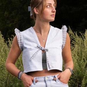 light blue denim tie top with matching pants
