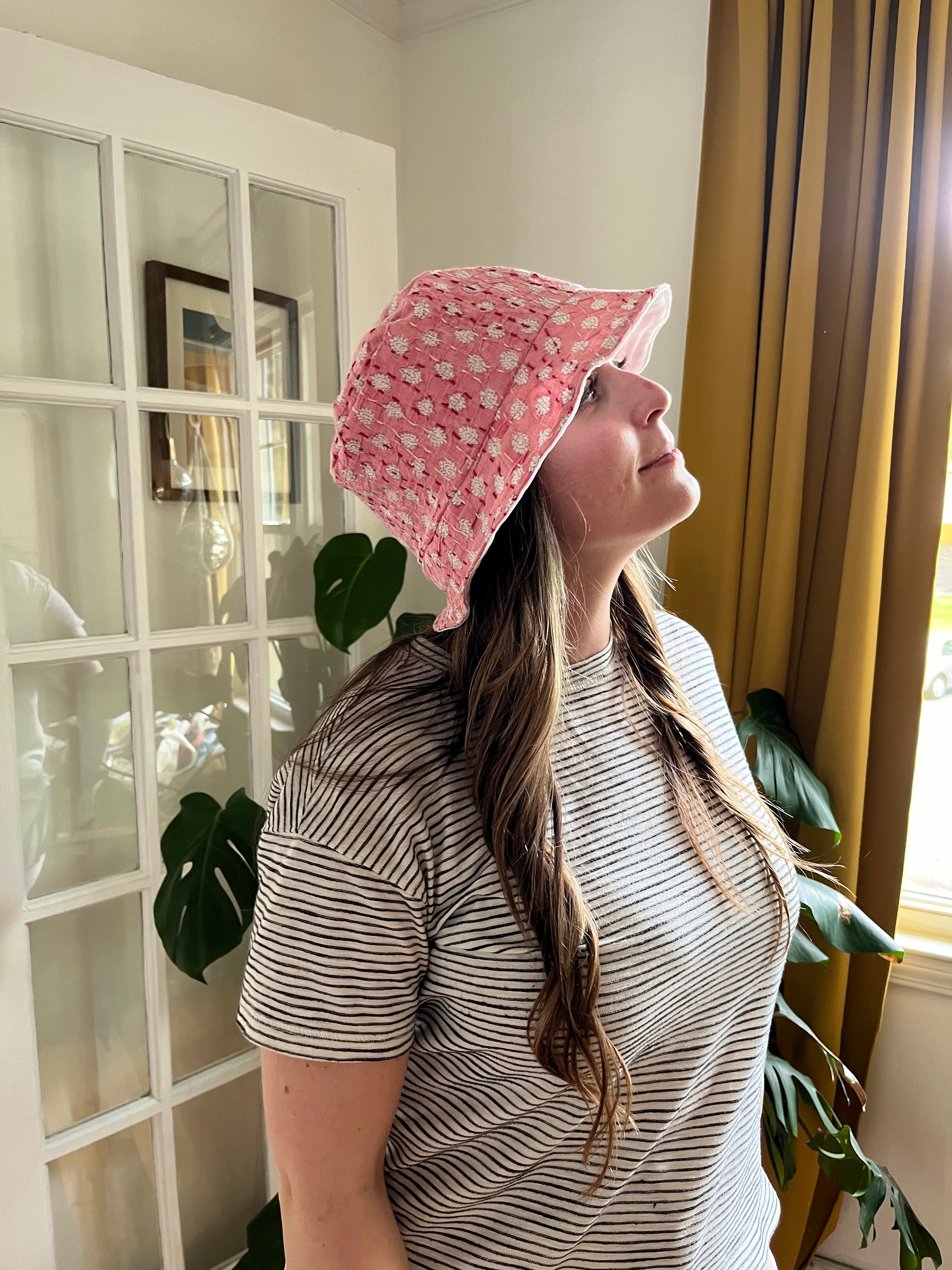 Kantha Sun Hat Pink Purple S-M Reversible Blue Denim Lace Flower Handmade KS14. Easter Bonnet Diy,pink Summer Flower Hat,kids Easter Hat  main image 3