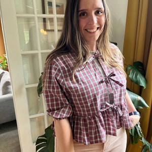 Puff Sleeve Tie Top |  Pink and White Plaid | Upcycled | Handmade | Size L