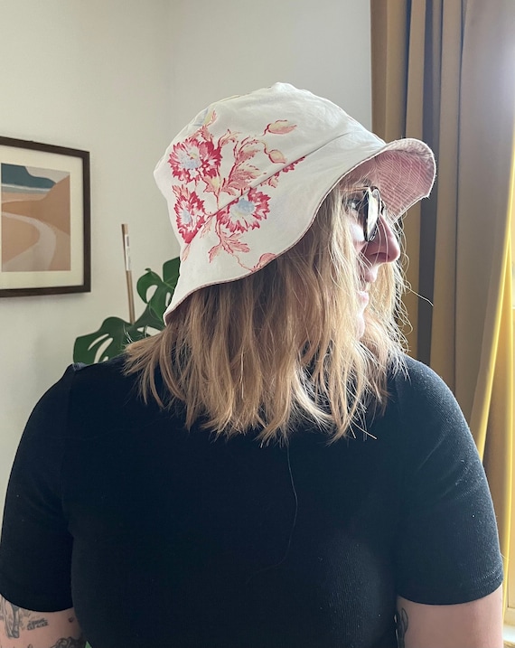 Upcycled Bucket Hat | Reversible | White With Pink Flowers +  display picture 3
