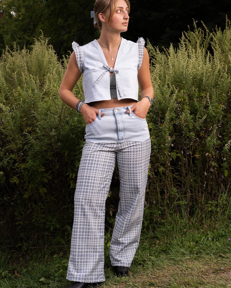 light blue denim tie top with matching pants